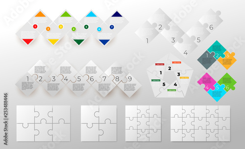 Set of pieces puzzle square diagram. Square business presentation infographic. 5, 6, 7, 9 steps parts pieces of process diagram. Jigsaw puzzle info graphic. Section compared banner. Marketing strategy