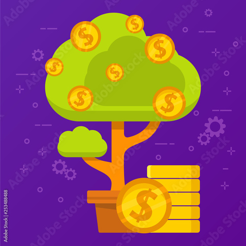 Monetary tree. Concept income of investment of money. Flat illustration vector. Coins of the USA dollars.