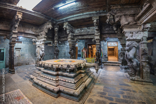 Tirunelveli, Tamil Nadu, India, November 10, 2018: Ancient stone statues in the altar of the Hindu temple in Tirunelveli, Tamil Nadu, South India