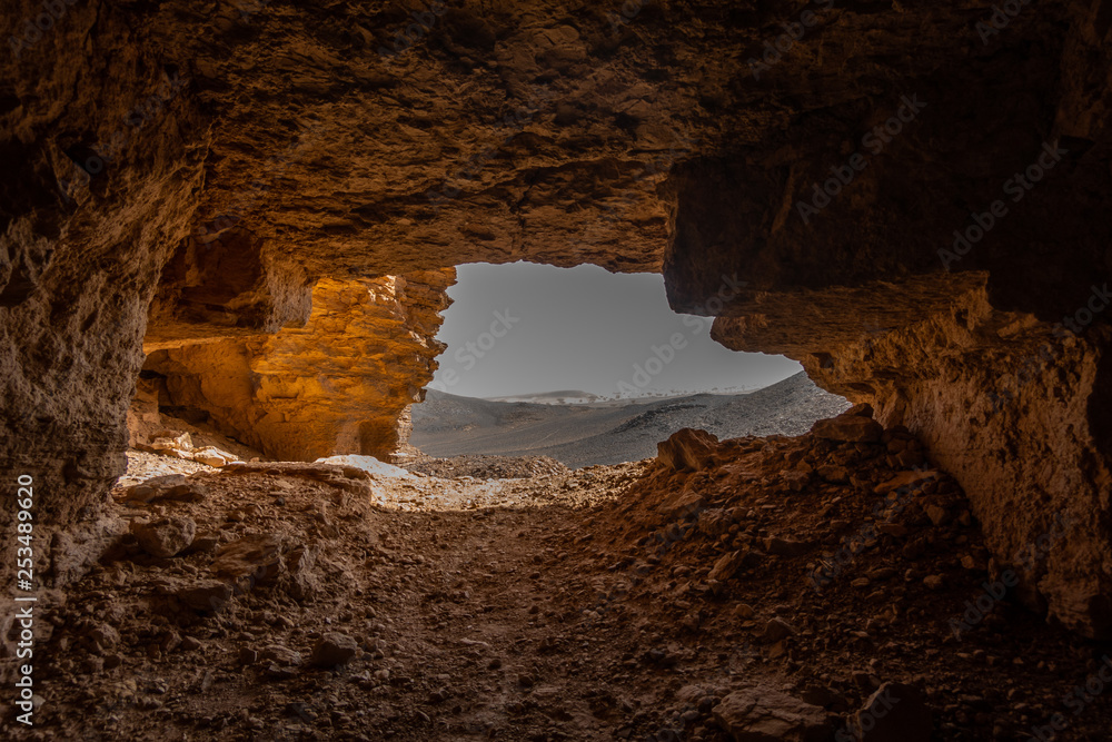 View from a cave entrance in the rocky desert of Sudan, Africa