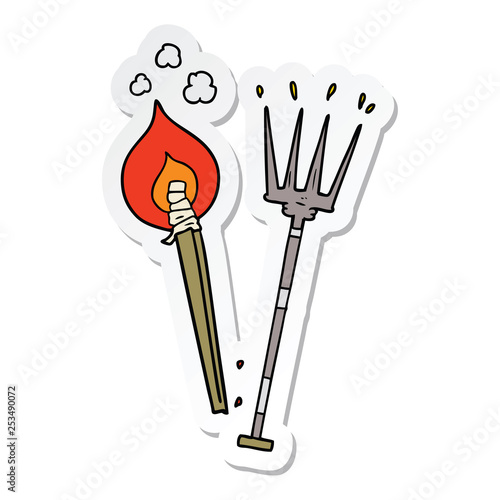 sticker of a cartoon pitchfork and burning brand