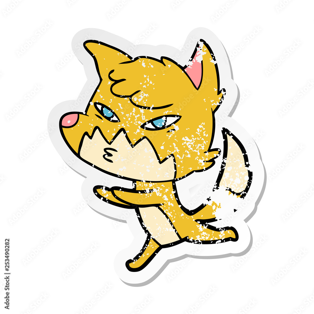 distressed sticker of a clever cartoon fox distressed sticker of a clever cartoon fox