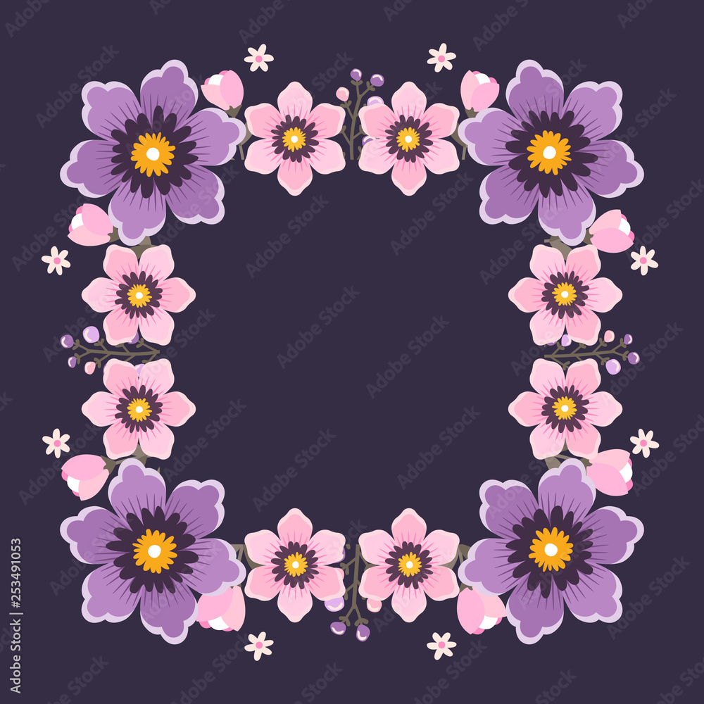 Floral greeting card and invitation template for wedding or birthday anniversary, Vector square shape of text box label and frame, Purple flowers wreath ivy style with branch and leaves.