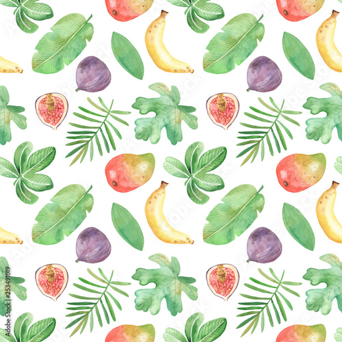 Fototapeta Naklejka Na Ścianę i Meble -  Watercolor seamless pattern with fruits, plants, leaves, flowers of Africa. Texture for wallpaper, packaging, scrapbooking, fabrics, textiles.