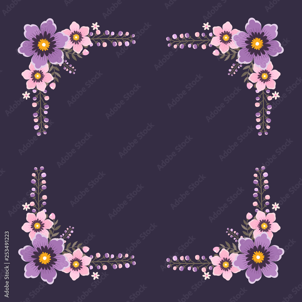 Floral greeting card and invitation template for wedding or birthday anniversary, Vector square shape of text box label and frame, Purple flowers wreath ivy style with branch and leaves. Floral greeting card and invitation template for wedding or birthday anniversary, Vector square shape of text box label and frame, Purple flowers wreath ivy style with branch and leaves.