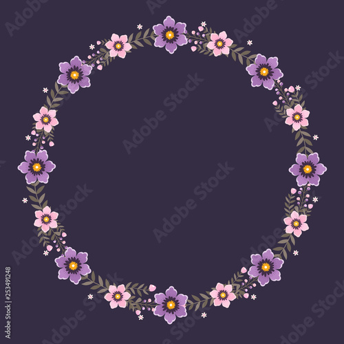 Floral greeting card and invitation template for wedding or birthday anniversary, Vector circle shape of text box label and frame, Purple flowers wreath ivy style with branch and leaves.