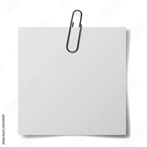 Realistic paper clip with white paper for your text, isolated on white background.