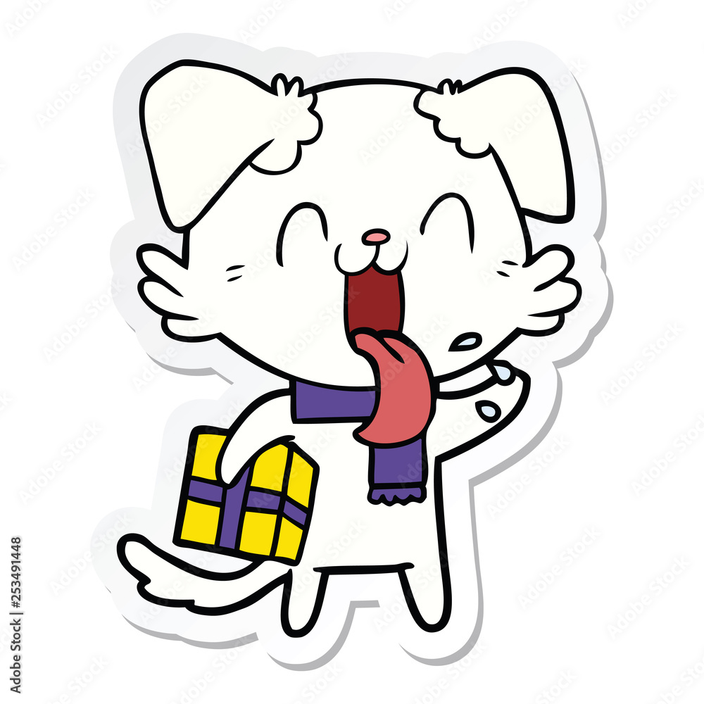 sticker of a cartoon panting dog with present sticker of a cartoon panting dog with present