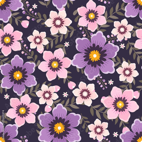 Floral vector artwork for apparel and fashion fabrics  Purple flowers wreath ivy style with branch and leaves. Seamless patterns background.