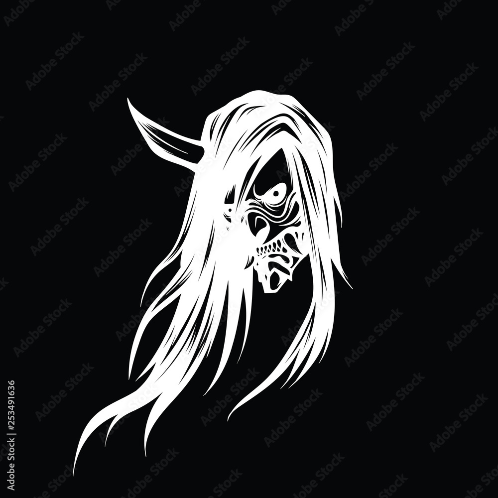 White outline of the ancient demon oni with a horn on his head White outline of the ancient demon oni with a horn on his head