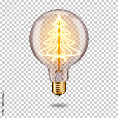 Realistic transparent glowing vintage light bulb with christmas tree, isolated.