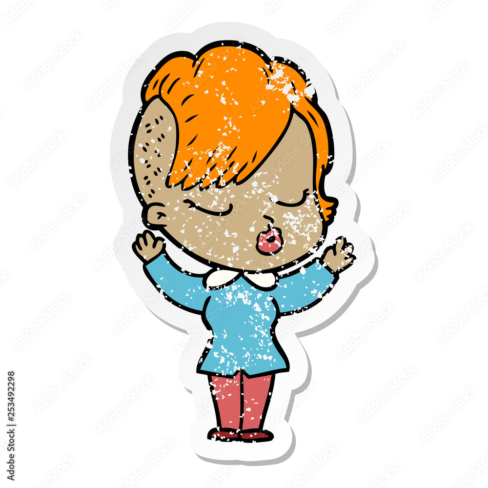 distressed sticker of a cartoon pretty hipster girl