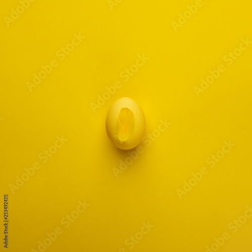 Happy Easter concept. Flat lay. Minimal concept. Top view. Yellow colorful Egg on bright yellow background, modern monochrome conceptual easter