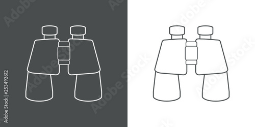 Icono plano lineal binoculares en gris y blanco