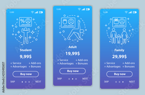 Subscription prices onboarding mobile app screens vector templates