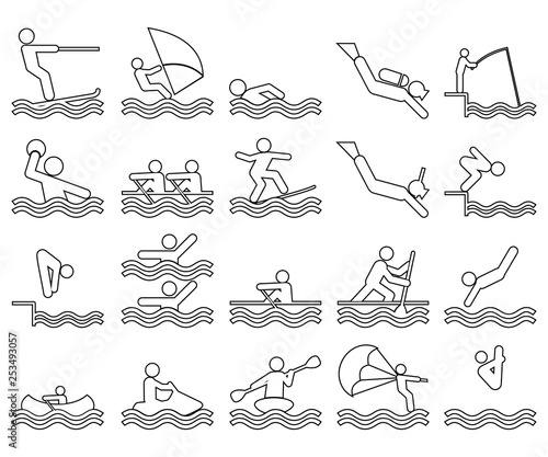 Set de iconos lineales de deportes acuáticos en color negro