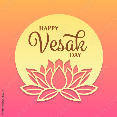 Happy vesak day text on circle full moon and lotus sign banner vector design