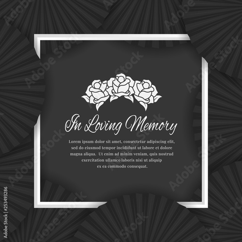 In loving memory text in white frame and abstract black fan layer background for the funeral Mourning vector design