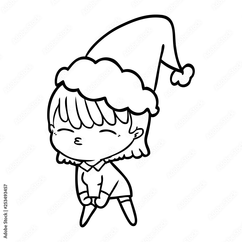 line drawing of a woman wearing santa hat line drawing of a woman wearing santa hat