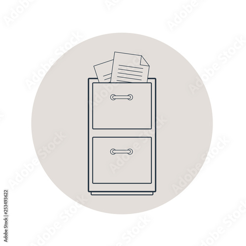 Icono plano lineal archivador de metal con documento en círculo color gris