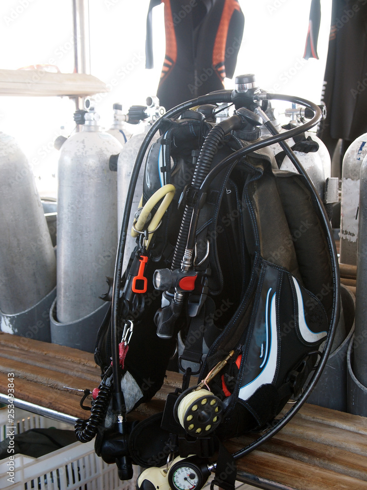 Dive boat, diving equipment. Assembled diving kit prepared for diving.