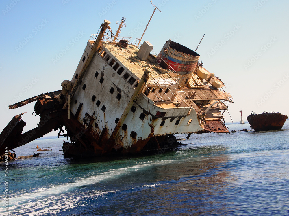 Shipwreck, wreckage of a cargo ship. The rusty wreck on Jackson reef
