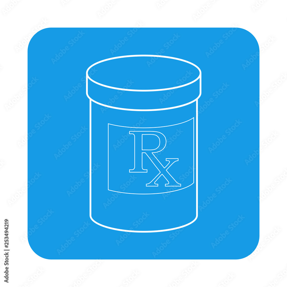 Icono plano lineal bote de medicinas en cuadrado color azul Icono plano lineal bote de medicinas en cuadrado color azul