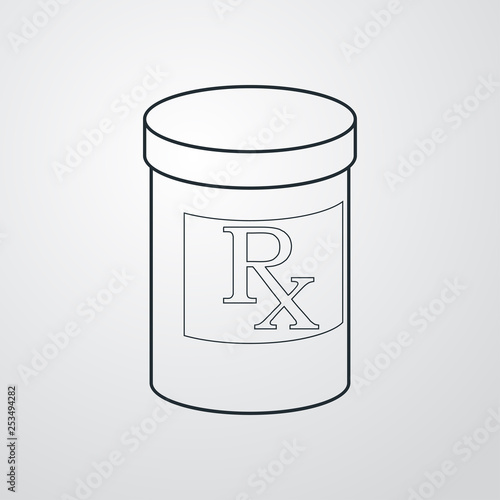 Icono plano lineal bote de medicinas en fondo gris
