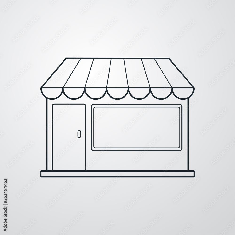 Icono plano lineal fachada de comercio en fondo gris Icono plano lineal fachada de comercio en fondo gris