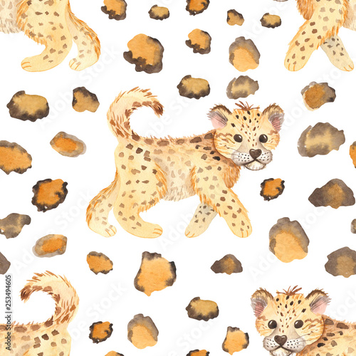 Photography Watercolor seamless pattern with leopard and leopard spots