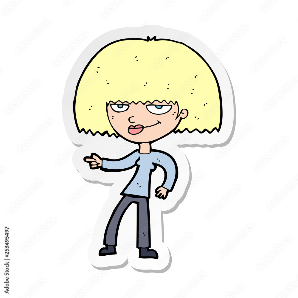 sticker of a cartoon happy woman pointing sticker of a cartoon happy woman pointing