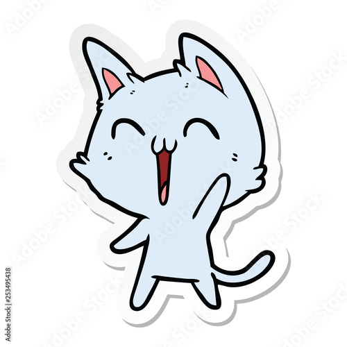 sticker of a happy cartoon cat meowing