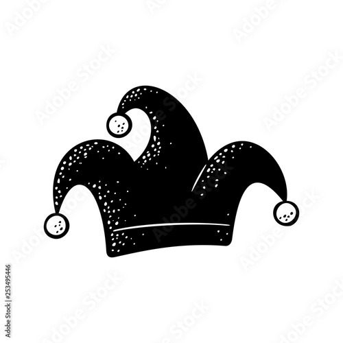 Jester cap. Vector black engraving illustration isolated on white