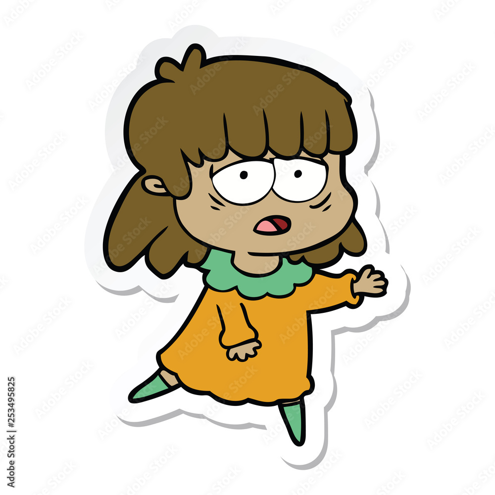 sticker of a cartoon tired woman sticker of a cartoon tired woman