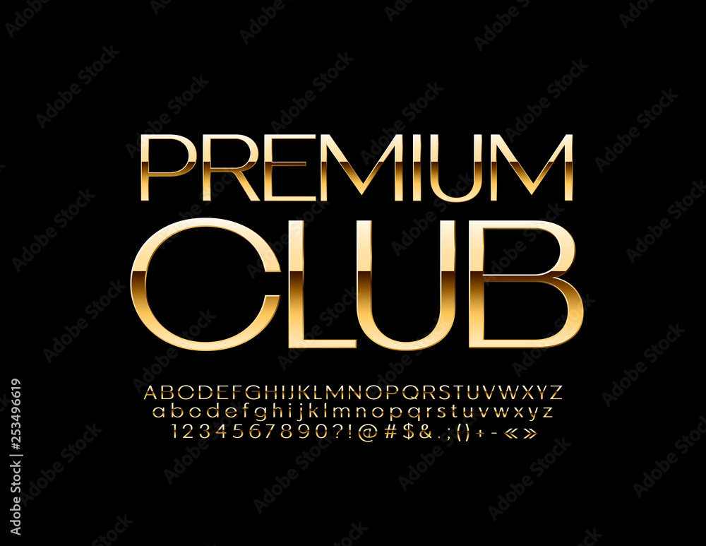 Vector luxury emblem Premium Club. Elegant Alphabet Letters, Numbers and Symbols. Slim Golden Font.