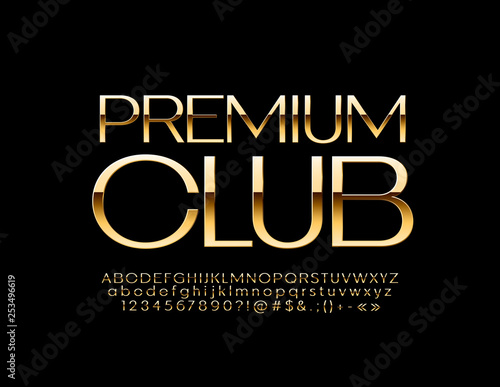 Vector luxury emblem Premium Club. Elegant Alphabet Letters, Numbers and Symbols. Slim Golden Font.