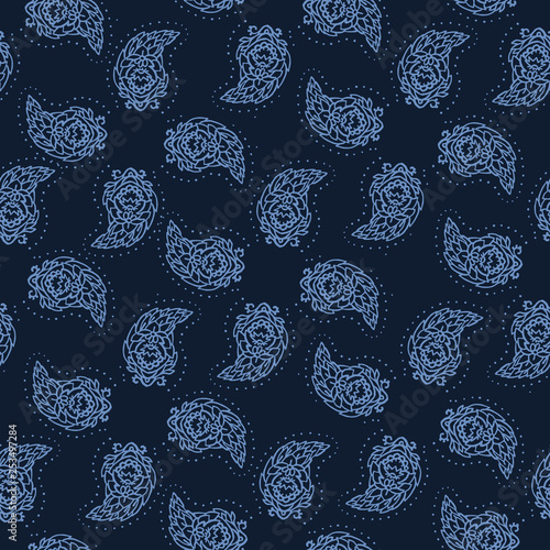 Indigo blue hand drawn arabesque floral paisley damask illustration. Seamless vector pattern all over print. Traditional persian flower foulard drop. Decorative stylized shawl fashion dyed home decor.