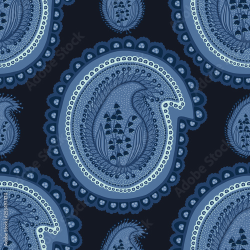 Indigo blue hand drawn arabesque floral paisley damask illustration. Seamless vector pattern all over print. Traditional persian flower foulard drop. Decorative stylized shawl fashion dyed home decor.