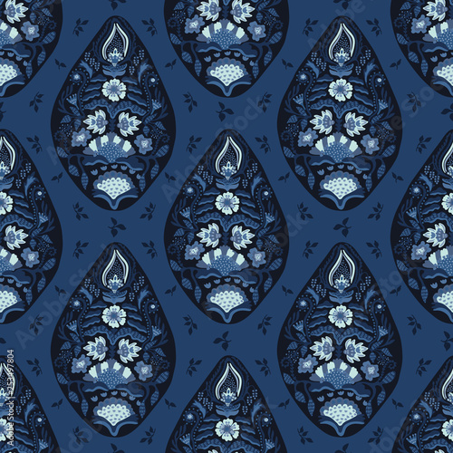 Indigo blue hand drawn arabesque floral paisley damask illustration. Seamless vector pattern all over print. Traditional persian flower foulard drop. Decorative stylized shawl fashion dyed home decor.