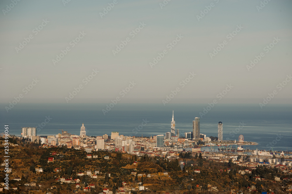 Landcape of the georgeous city Batumi on the sea shore from the hill