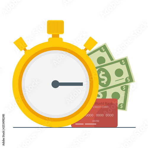 The concept of managing your time and money. Time is money or time to pay. Financial planning, deadline and time management, payment day. Vector illustration.