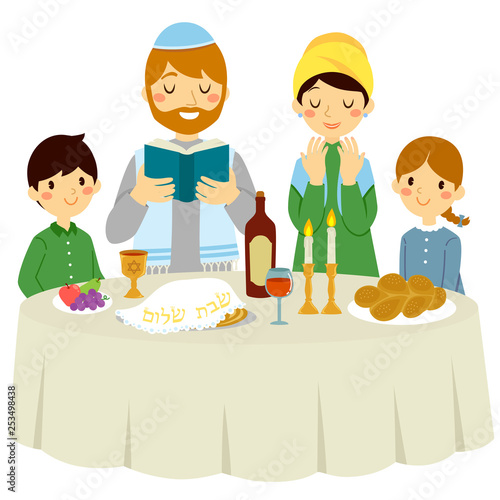 Jewish family having a Shabbat dinner with a traditional Kiddush photo