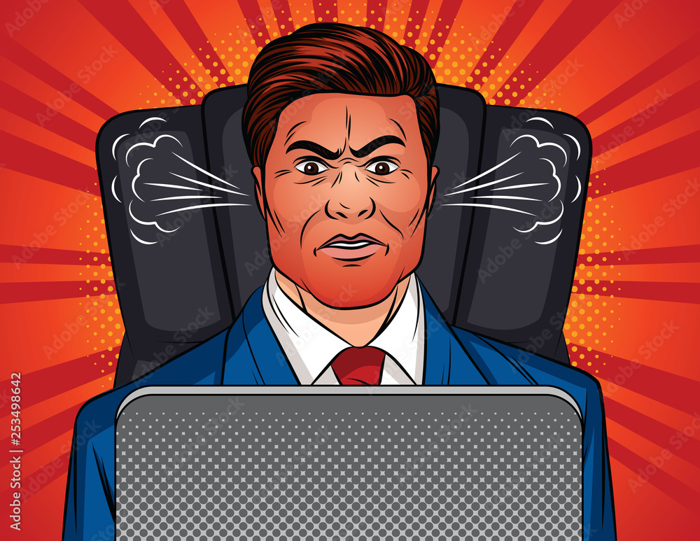 Color vector pop art style illustration of an angry man sitting in an  office chair at