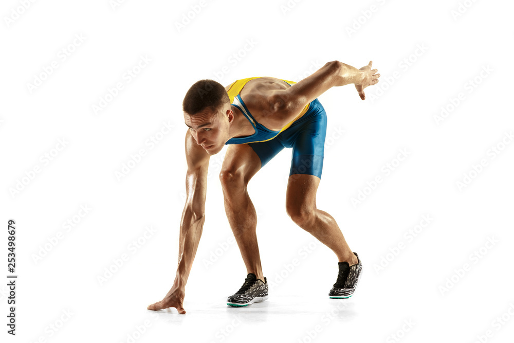 Young caucasian man running isolated on white studio background. One male runner or jogger. Silhouette of jogging athlete with shadows. Young caucasian man running isolated on white studio background. One male runner or jogger. Silhouette of jogging athlete with shadows.