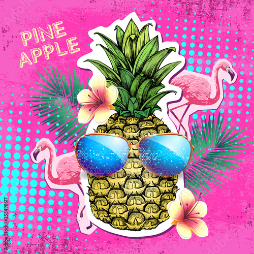 Summer disco party poster design with pineapple. Zine cutlure style