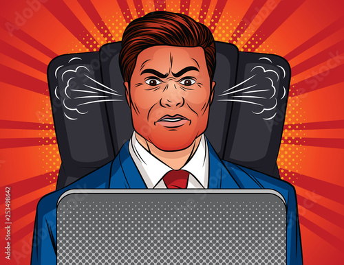 Color vector pop art style illustration of an angry man sitting in an office chair at a table. Boss is sitting in front of a laptop. A man in a office suit with a red face and a steam from the ears
