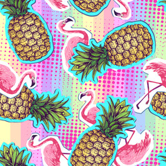 Fototapete Flamingomuster Flamingos und Ananas Sommer Muster  © annbozhko