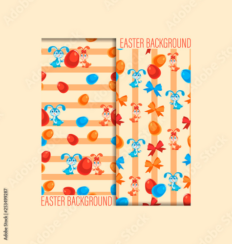 Easter seamless patterns with cute bunnies. Set. Festive backgrounds with Easter eggs, hares, ribbons and bows. Design for festive textiles, packaging materials.