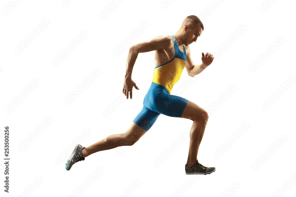 Young caucasian man running isolated on white studio background. One male runner or jogger. Silhouette of jogging athlete with shadows.