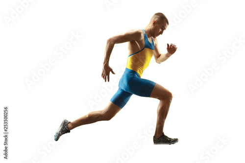 Young caucasian man running isolated on white studio background. One male runner or jogger. Silhouette of jogging athlete with shadows. © master1305